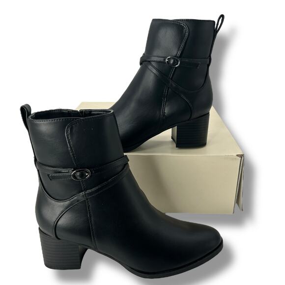 NEW Anne Klein Booties Size 6 Black Ankle Boot Strappy Faux Leather Sleek Buckle - Picture 1 of 12
